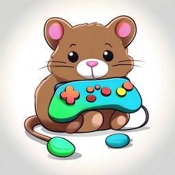 A cute, cartoon-style mink wraps itself around a gamepad