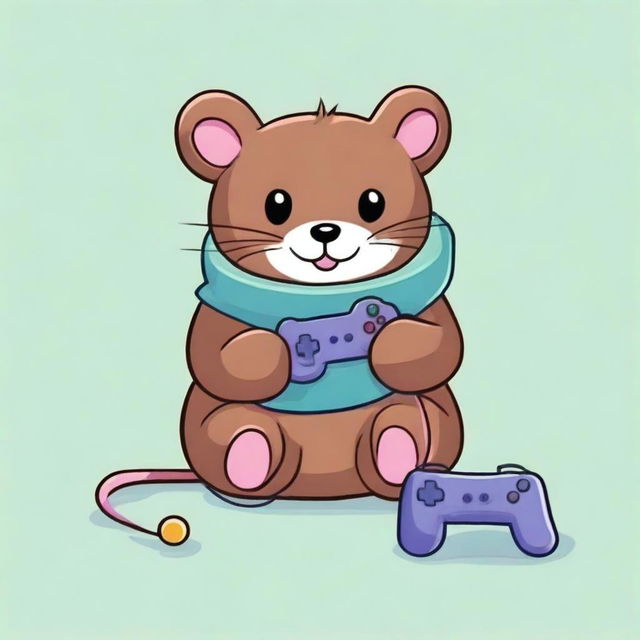 A cute, cartoon-style mink wraps itself around a gamepad