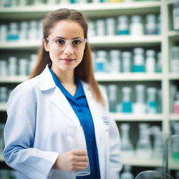 A young woman holding a beaker in a scientific laboratory setting