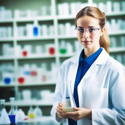 A young woman holding a beaker in a scientific laboratory setting