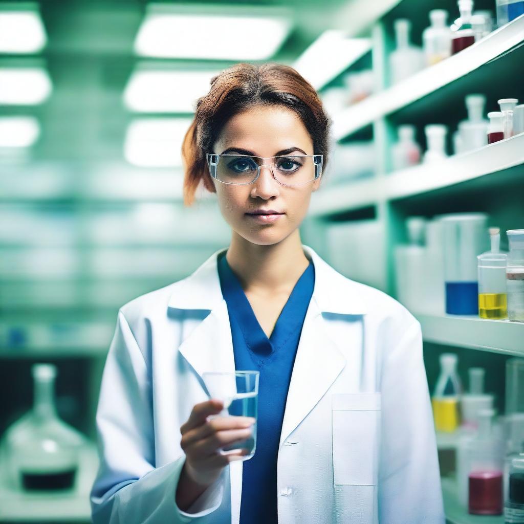 A young woman holding a beaker in a scientific laboratory setting