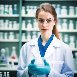 A young woman holding a beaker in a scientific laboratory setting