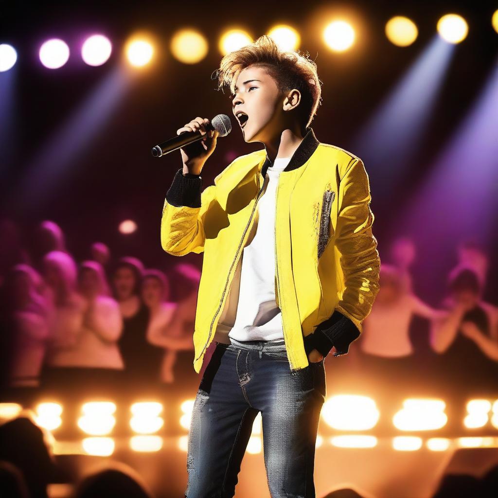 A young boy band star performing on stage with a microphone, dressed in trendy clothes, and surrounded by bright lights and a cheering crowd