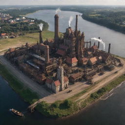 A creative reimagining of Lithuania with a steampunk twist, envisioning Vilnius punctuated by industrial-era constructs, rural landscapes dotted with steam-powered farm machinery, and the Baltic coastline animated with mechanical marine fauna.