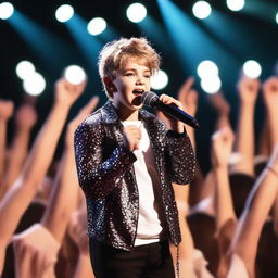 A young boy band star performing on stage with a microphone, dressed in trendy clothes, and surrounded by bright lights and a cheering crowd