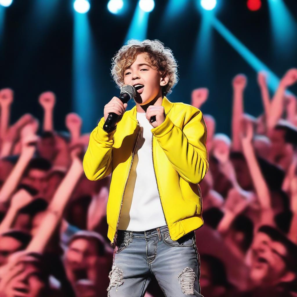 A young boy band star performing on stage with a microphone, dressed in trendy clothes, and surrounded by bright lights and a cheering crowd