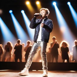 A young boy band star performing on stage with a microphone, dressed in trendy clothes, and surrounded by bright lights and a cheering crowd