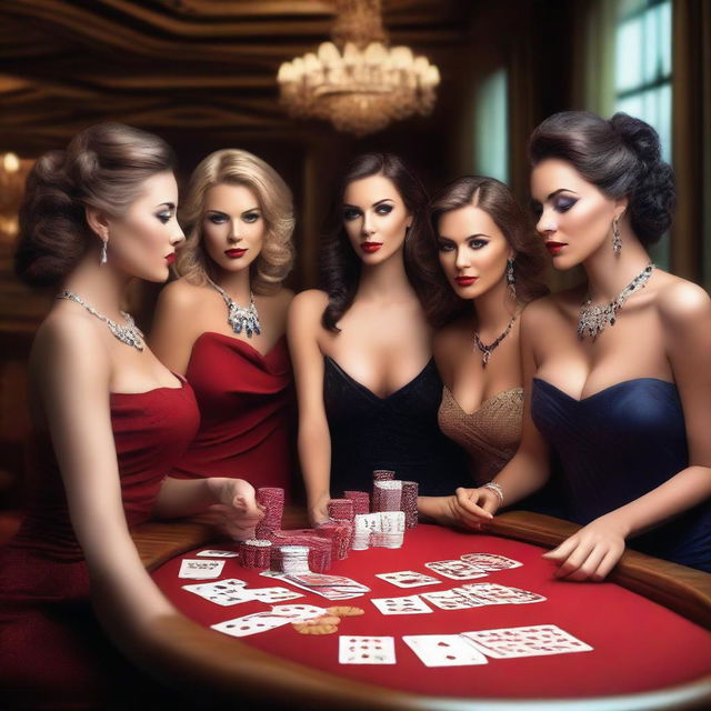 Create an image of six attractive women with large chests playing a game of cards