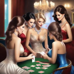 Create an image of six attractive women with large chests playing a game of cards