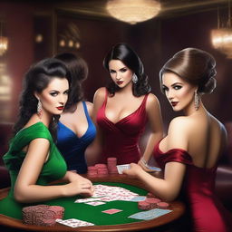 Create an image of six attractive women with large chests playing a game of cards