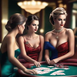 Create an image of six attractive women with large chests playing a game of cards