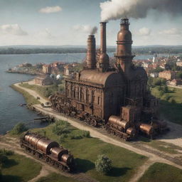 A creative reimagining of Lithuania with a steampunk twist, envisioning Vilnius punctuated by industrial-era constructs, rural landscapes dotted with steam-powered farm machinery, and the Baltic coastline animated with mechanical marine fauna.