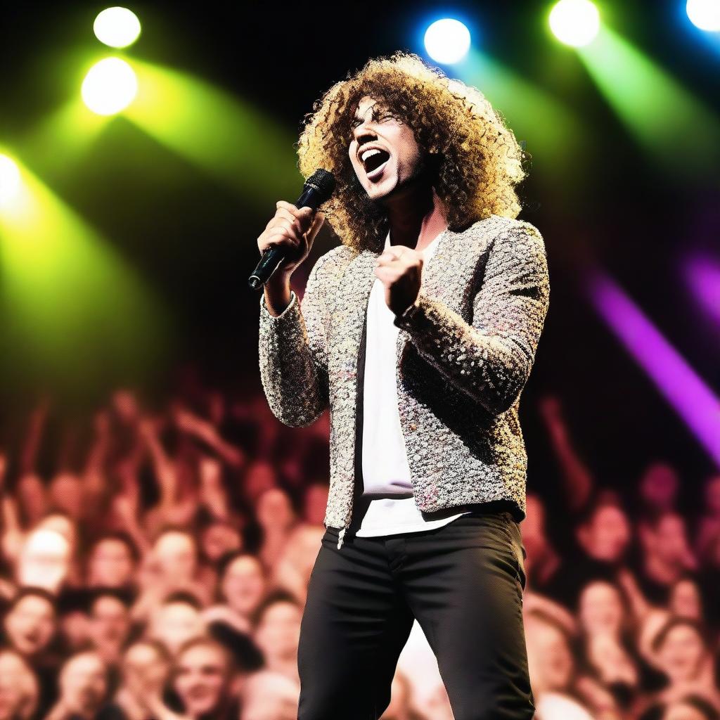 A male singer with curly hair, standing on a stage with a microphone