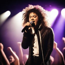 A male singer with curly hair, standing on a stage with a microphone