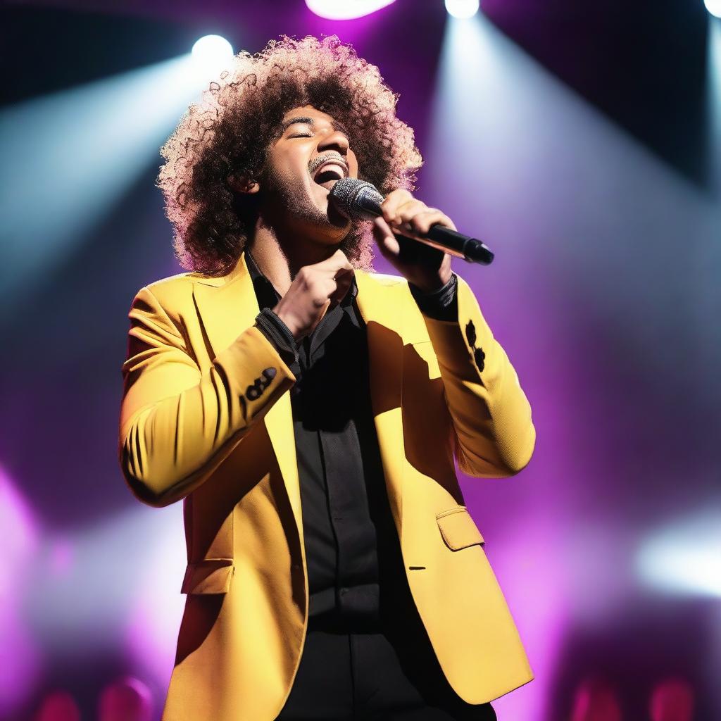 A male singer with curly hair, standing on a stage with a microphone