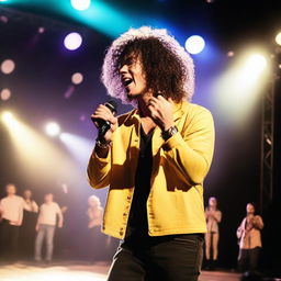 A male singer with curly hair, standing on a stage with a microphone