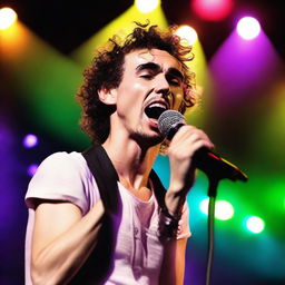 Create an image of Robert Sheehan singing passionately on stage