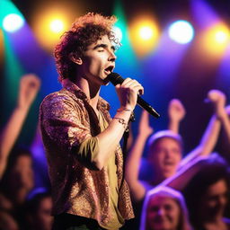 Create an image of Robert Sheehan singing passionately on stage