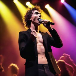 Create an image of Robert Sheehan singing passionately on stage