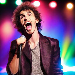 Create an image of Robert Sheehan singing passionately on stage