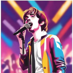 A realistic illustration of Freddie Highmore singing passionately on stage with a microphone in his hand