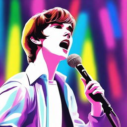 A realistic illustration of Freddie Highmore singing passionately on stage with a microphone in his hand