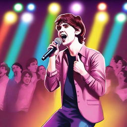 A realistic illustration of Freddie Highmore singing passionately on stage with a microphone in his hand