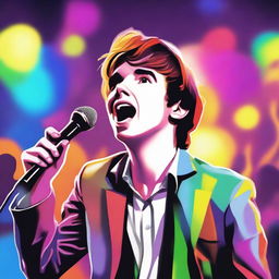 A realistic illustration of Freddie Highmore singing passionately on stage with a microphone in his hand