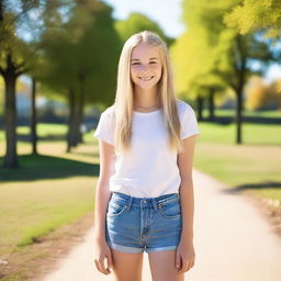 A blonde teenage girl wearing short jeans, standing confidently