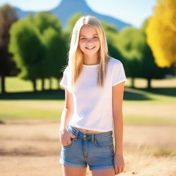 A blonde teenage girl wearing short jeans, standing confidently