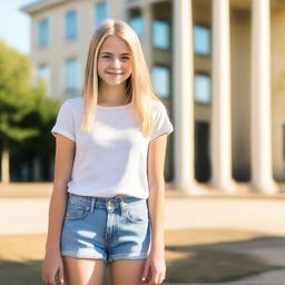 A blonde teenage girl wearing short jeans, standing confidently