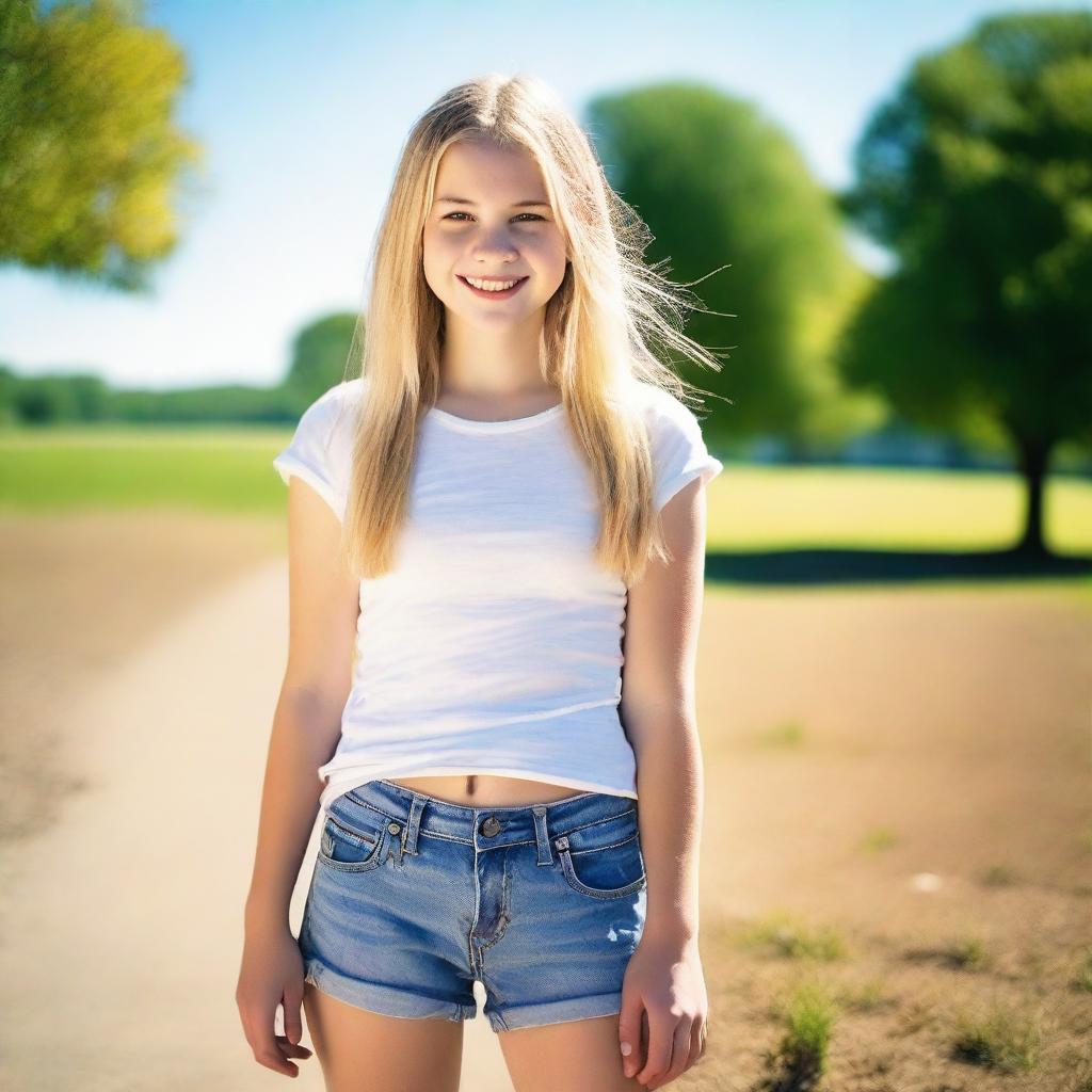 A blonde teenage girl wearing short jeans, standing confidently