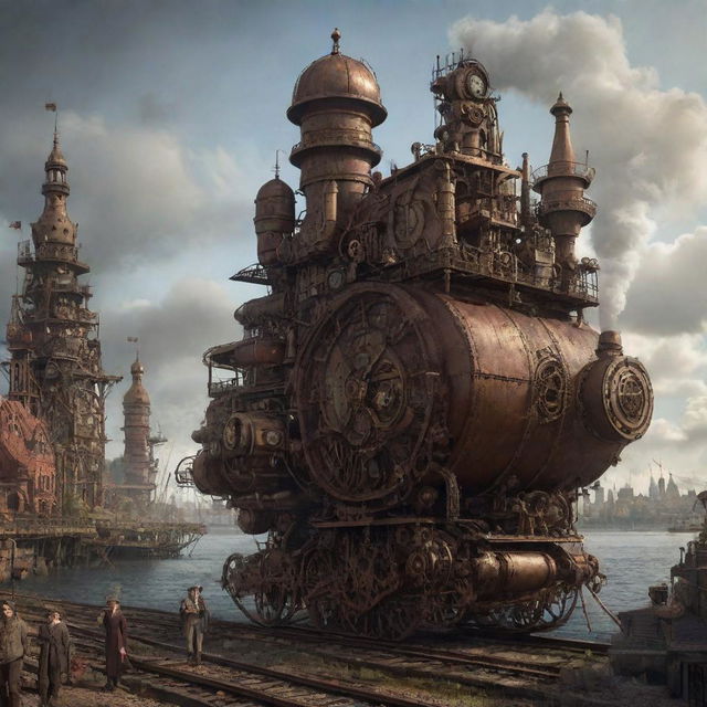 A thought-provoking representation of Latvia in a steampunk aesthetic, featuring Riga cityscape adorned with cogwork structures, pine forests teeming with mechanical creatures, and the Baltic sea coast invigorated by steam-powered infrastructures.