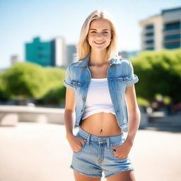 A young blonde woman wearing short jeans, standing confidently