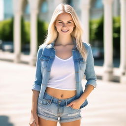 A young blonde woman wearing short jeans, standing confidently