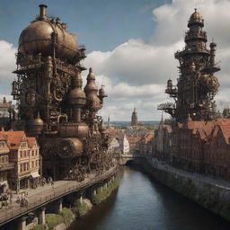 A thought-provoking representation of Latvia in a steampunk aesthetic, featuring Riga cityscape adorned with cogwork structures, pine forests teeming with mechanical creatures, and the Baltic sea coast invigorated by steam-powered infrastructures.