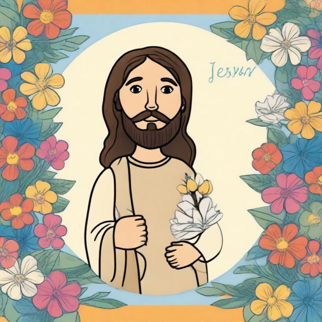 Crie uma capa de um livro de colorir infantil com a imagem de Jesus