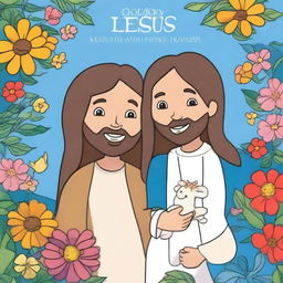 Crie uma capa de um livro de colorir infantil com a imagem de Jesus