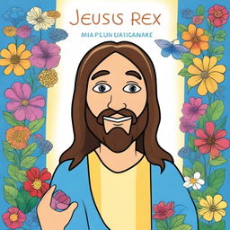 Crie uma capa de um livro de colorir infantil com a imagem de Jesus