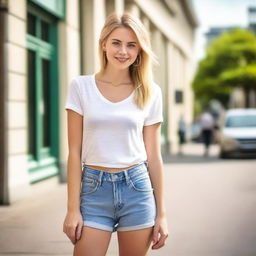 A young blonde woman wearing short jeans, standing confidently