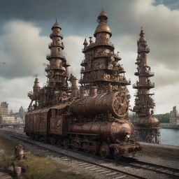 A thought-provoking representation of Latvia in a steampunk aesthetic, featuring Riga cityscape adorned with cogwork structures, pine forests teeming with mechanical creatures, and the Baltic sea coast invigorated by steam-powered infrastructures.