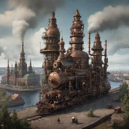 A thought-provoking representation of Latvia in a steampunk aesthetic, featuring Riga cityscape adorned with cogwork structures, pine forests teeming with mechanical creatures, and the Baltic sea coast invigorated by steam-powered infrastructures.