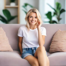 A young blonde woman wearing short jeans, sitting confidently on a sofa