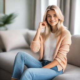 A young blonde woman wearing short jeans, sitting confidently on a sofa