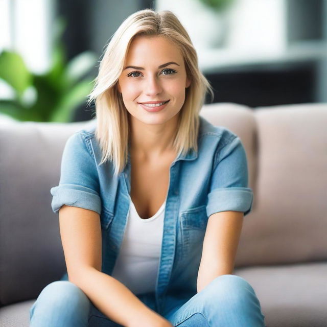 A young blonde woman wearing short jeans, sitting confidently on a sofa