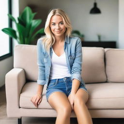 A young blonde woman wearing short jeans, sitting provocatively on a sofa