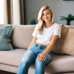 A young blonde woman wearing short jeans, sitting provocatively on a sofa