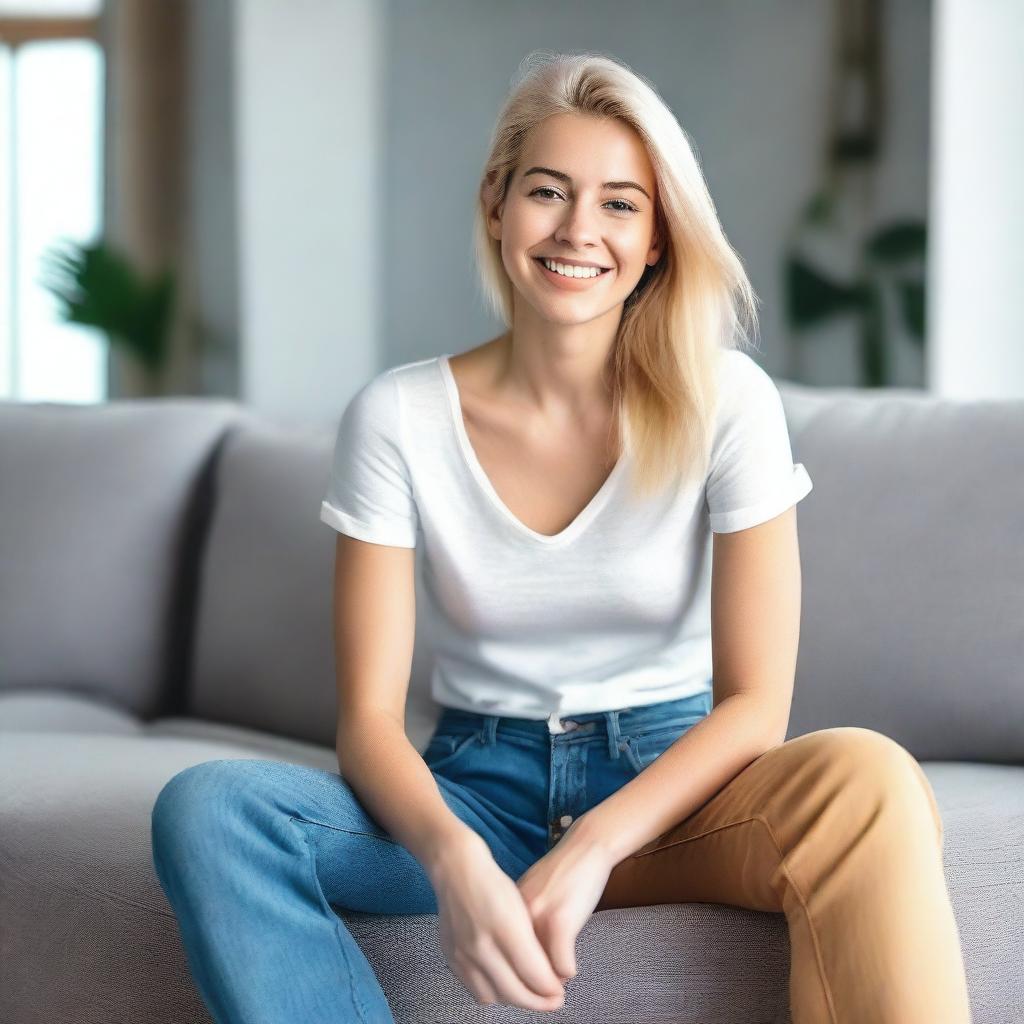 A young blonde woman wearing short jeans, sitting provocatively on a sofa