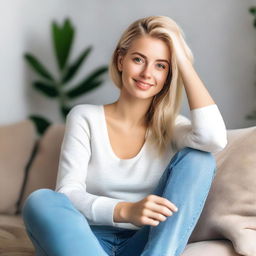 A young blonde woman wearing short jeans, sitting provocatively on a sofa