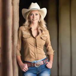 A young blonde woman dressed in a cowgirl outfit, standing confidently